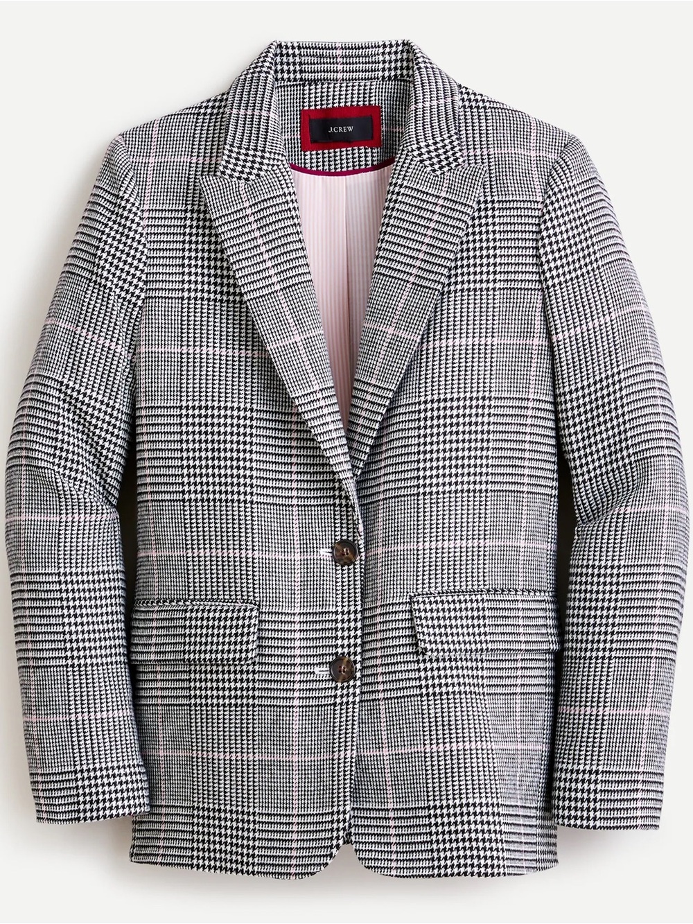 J.Crew Nello Gori Wool Boyfriend Blazer Black Plaid Pink‎ Lining Collar Size 10
